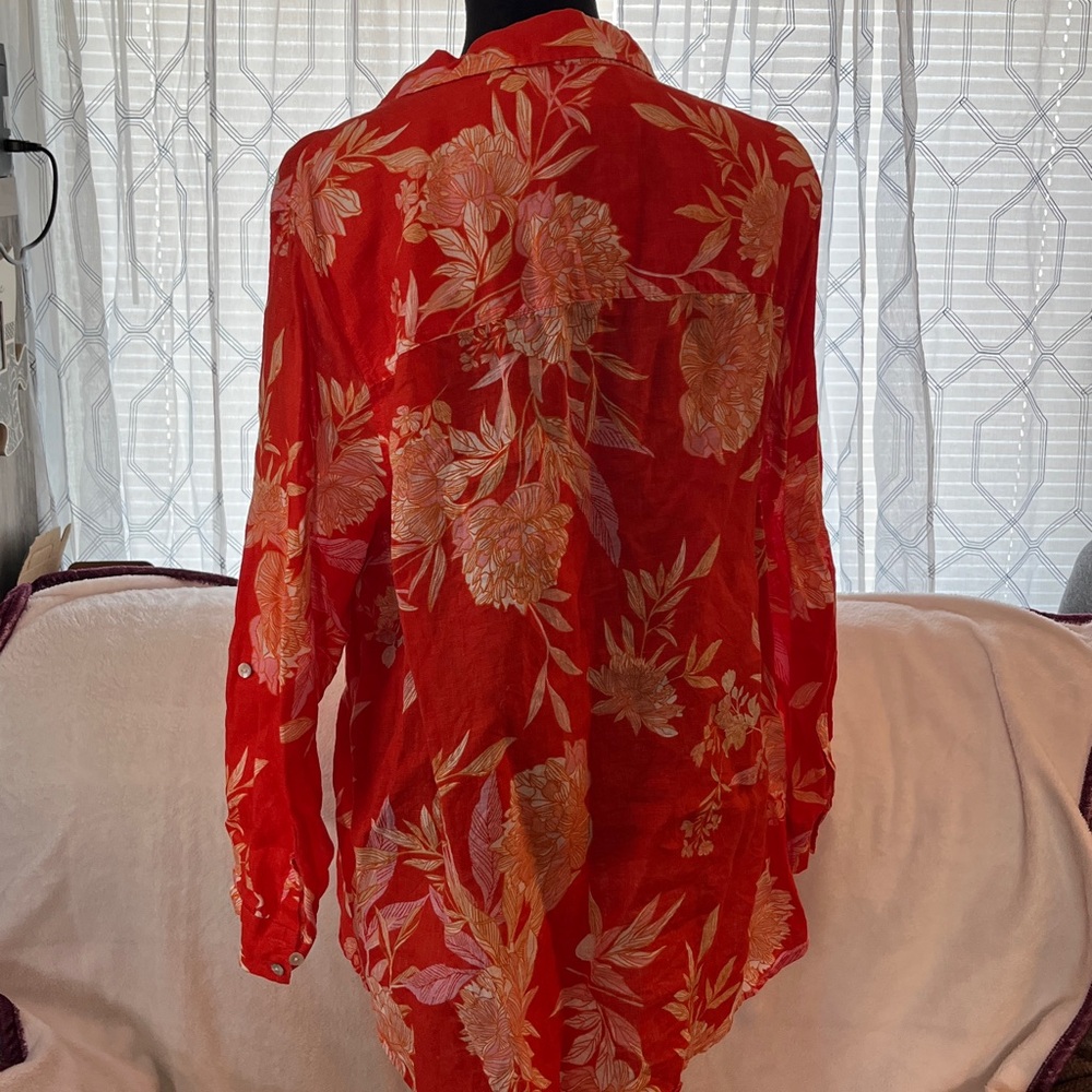 Cynthia Rowley 100% Linen Orange Floral Button-Down Shirt Women’s 2X Excellent - Picture 8 of 9